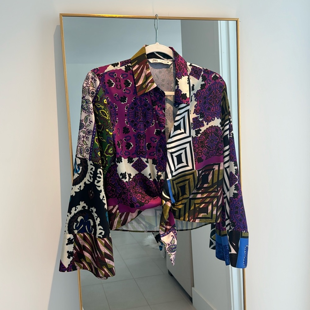 Zara - Printed Patchwork Flare Sleeve Button Up S… - image 1